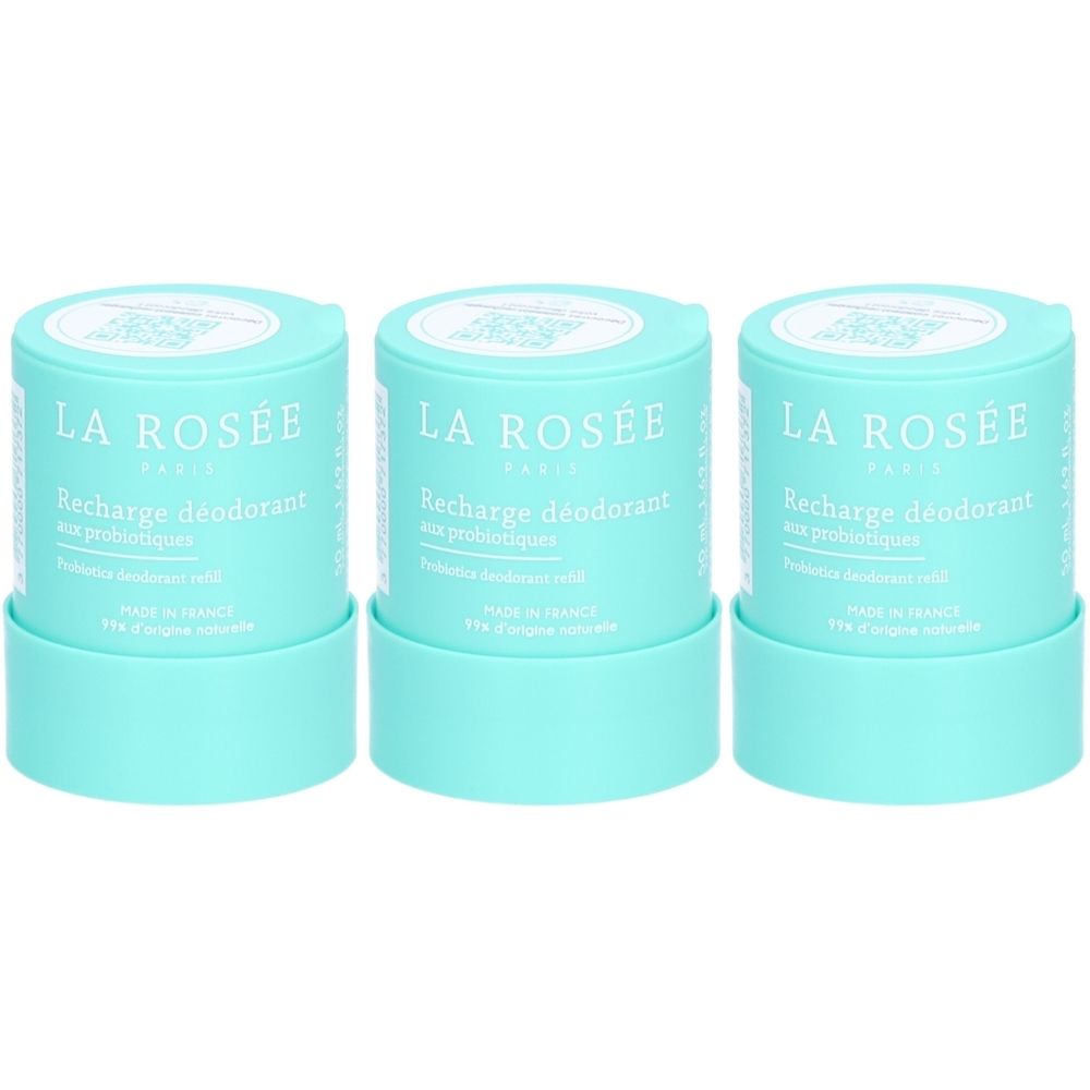 Trois recharges de déodorant cylindriques turquoise. Inscription: LA ROSÉE PARIS, Recharge déodorant aux probiotiques. Fabriqué en France.