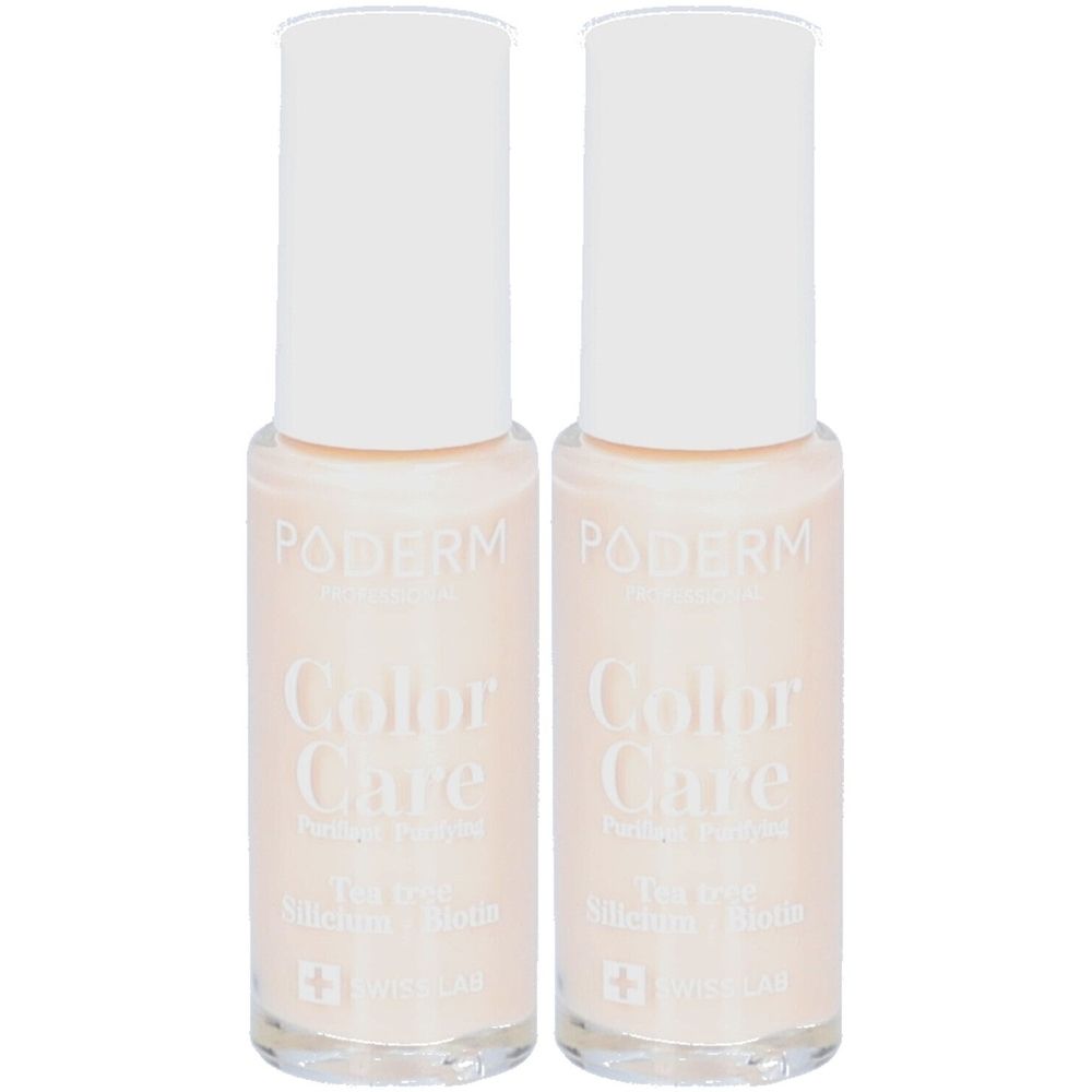 Deux flacons de vernis à ongles avec bouchon blanc. Inscription : PODERM Color Care, Tea tree, Biotine, Swiss Lab.