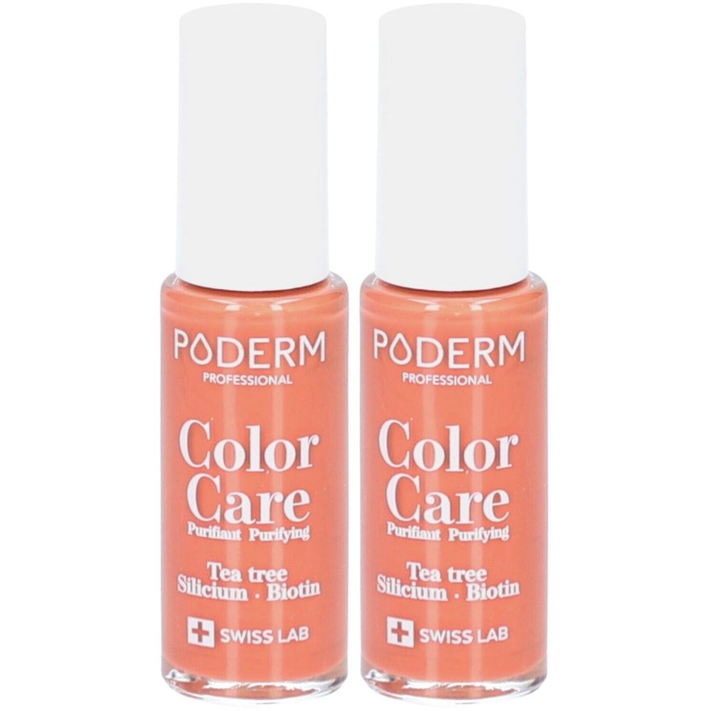 Zwei Flaschen Nagellack. Aufschrift: PODERM Color Care, Tea tree, Silicium, Biotin. Swiss Lab Logo.