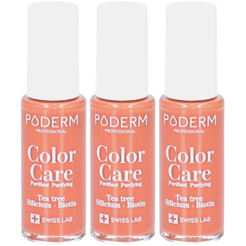 Drei Flakons PODERM Color Care Nagellack, Terracotta-Farbe, weißer Deckel. Mit Inhaltsstoffen wie Teebaum und Biotin. Swiss Lab.