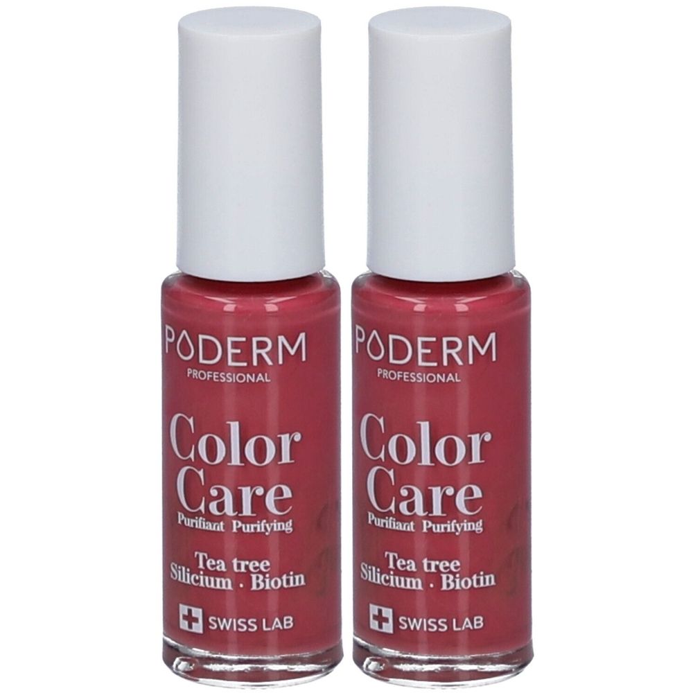 Zwei Flaschen Nagellack mit weißem Deckel. Aufschrift: PODERM Color Care, Tea tree, Silicium, Biotin. Swiss Lab.