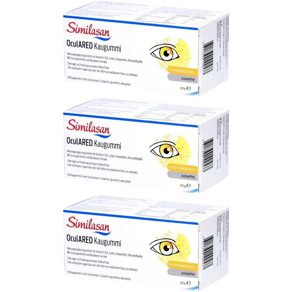 Drei Schachteln Similasan OculARED Kaugummi. Weiße Verpackung mit Produktnamen, Augensymbol und gelbem Streifen.