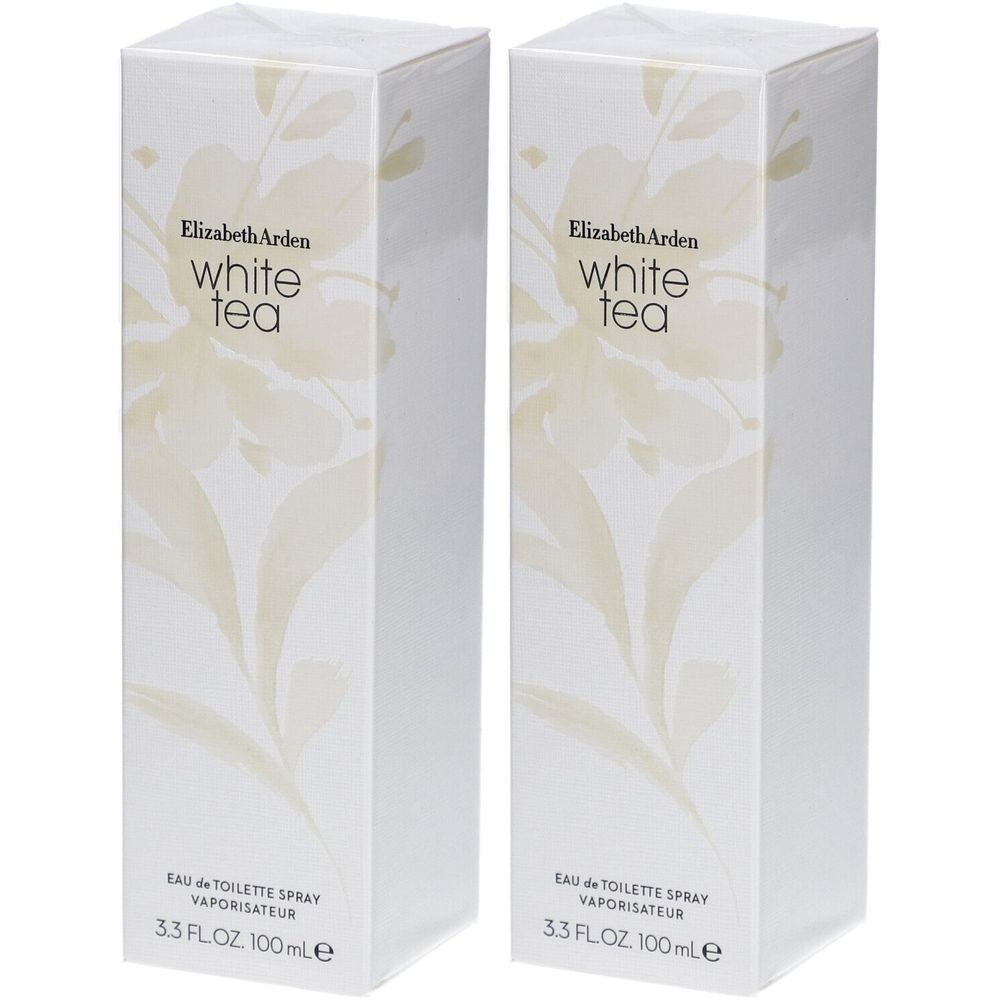 Zwei rechteckige Kartons. Aufdruck: Elizabeth Arden White Tea Eau de Toilette Spray. Floral-Design, weißer Hintergrund.