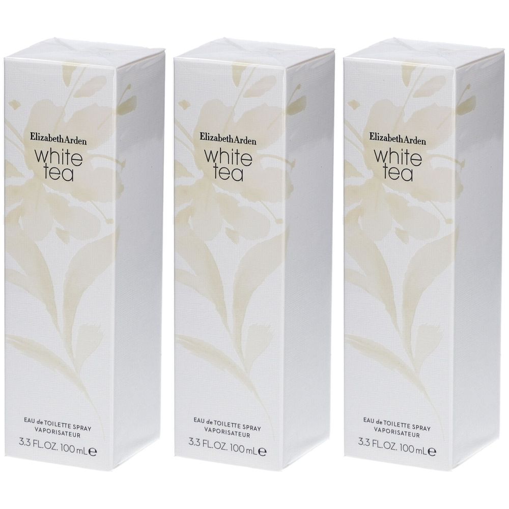 Drei rechteckige Schachteln. Aufschrift: Elizabeth Arden White Tea. Eau de Toilette Spray. 3.3 FL.OZ. 100ml. Floral-Design in Beige.