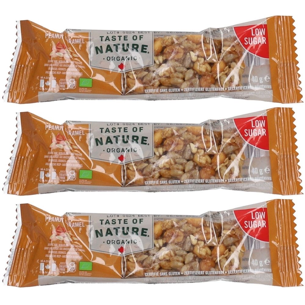 Trois barres emballées. Inscription: Taste of Nature Organic, Low Sugar, 40g. Certification sans gluten.