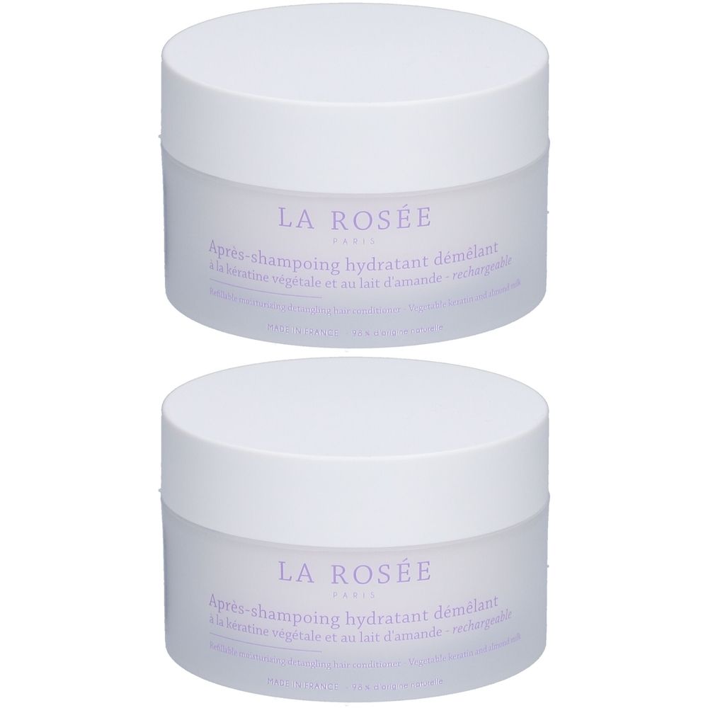 Zwei runde, weiße Behälter mit Deckel. Auf der Vorderseite steht in lila Schrift "LA ROSÉE". Darunter Text in französischer Sprache.