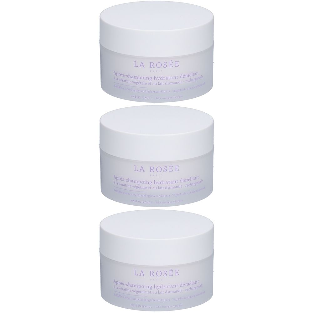 Drei weiße Tiegel mit Deckel. Aufschrift: LA ROSÉE. Text in kleiner Schrift darunter.