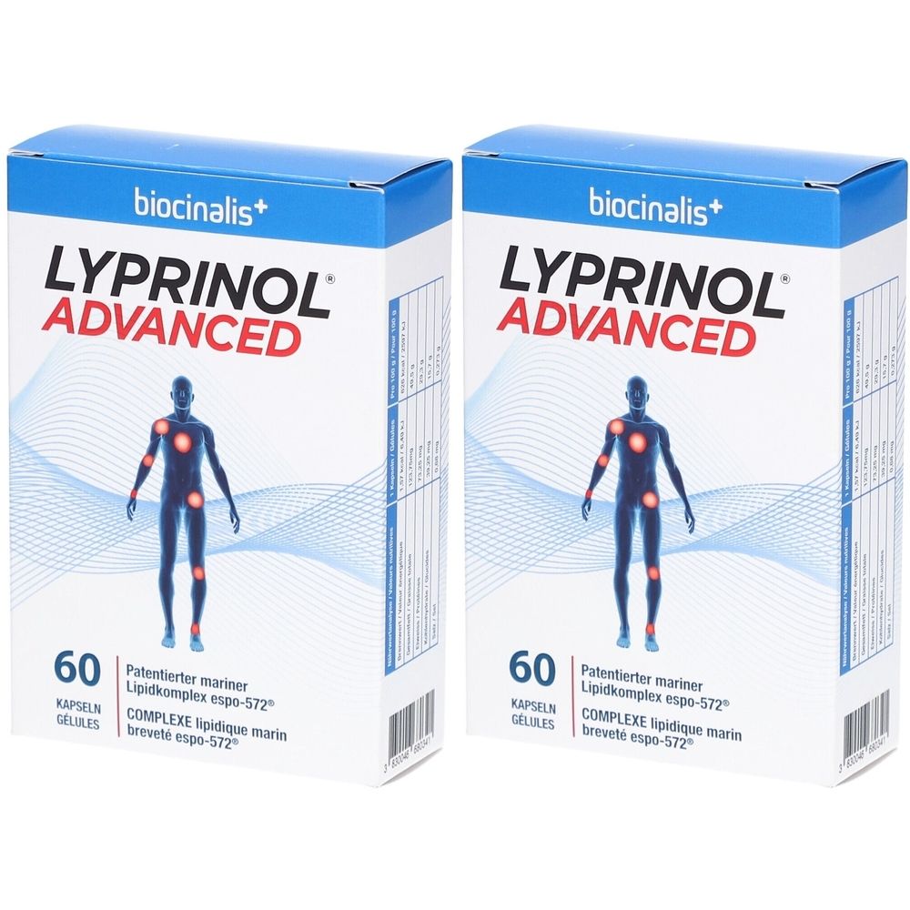 Zwei Schachteln mit "LYPRINOL ADVANCED". Blaue und weiße Verpackung. Aufdruck: "biocinalis+" und eine Abbildung des menschlichen Körpers.