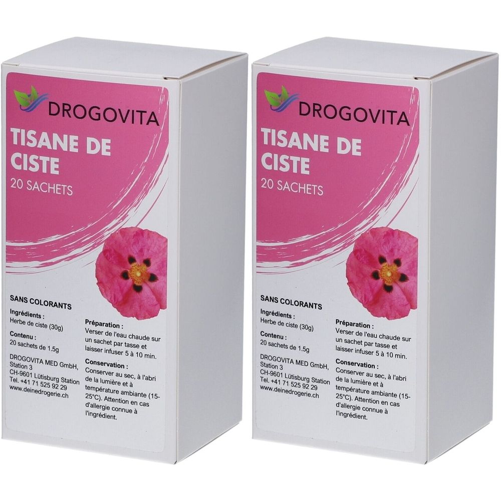 Deux boîtes blanches avec étiquette rose. Inscription: DROGOVITA, Tisane de Ciste, 20 Sachets. Image d'une fleur rose.