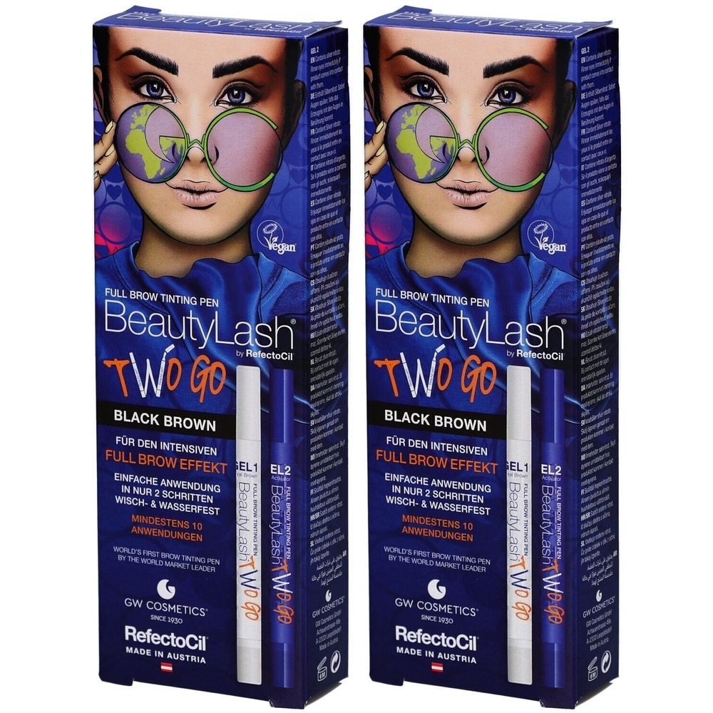 Deux stylos à sourcils BeautyLash TWO GO noir brun. Emballage bleu avec nom du produit et image d'un visage avec des lunettes.