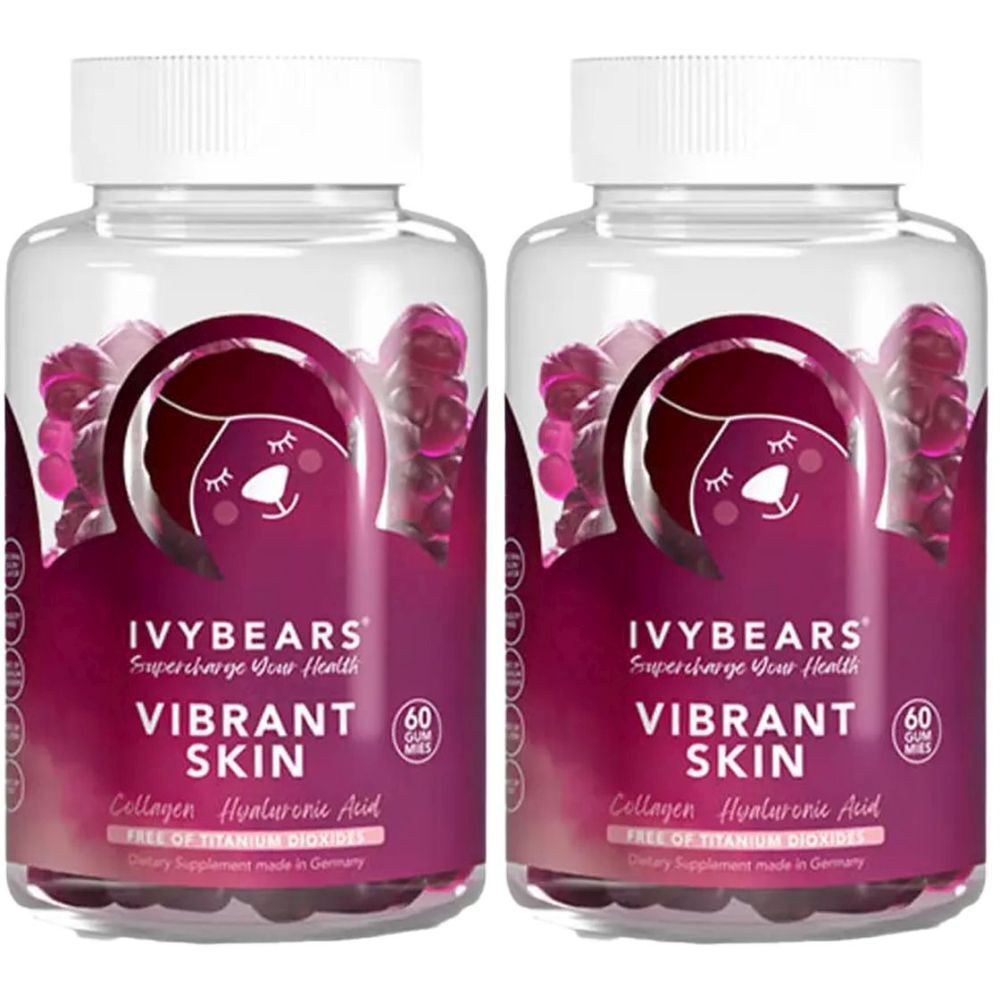 Deux flacons de IVYBEARS Vibrant Skin. Inscription : Collagène, Acide Hyaluronique. Contient 60 oursons gélifiés. Sans dioxyde de titane. Complément alimentaire.