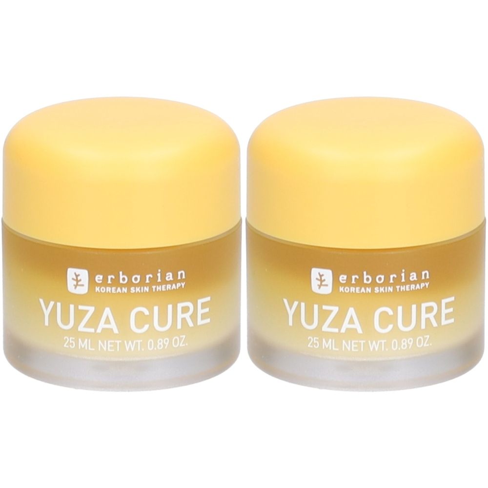 Zwei Cremegel-Tiegel mit gelben Deckeln. Auf den Etiketten steht "erborian YUZA CURE".
