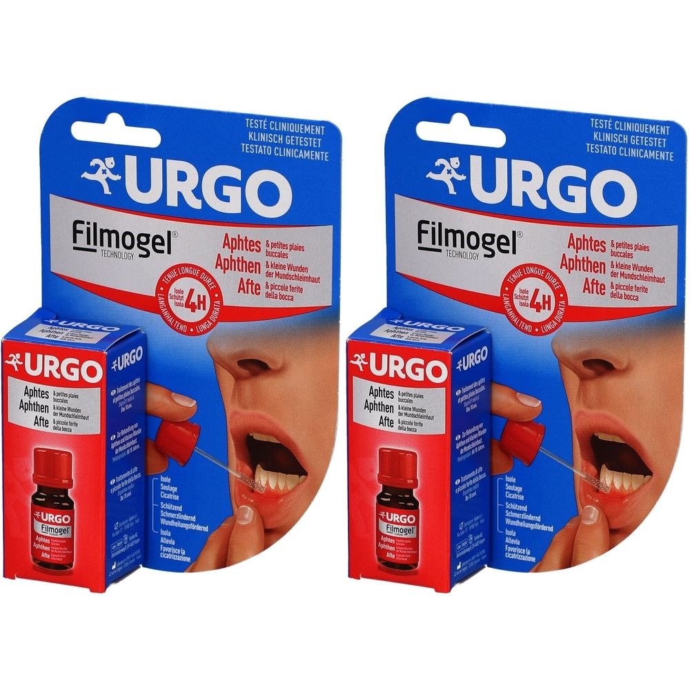 Zwei Packungen URGO Filmogel. Blaue Verpackung mit Produktname und Logo. Rote Flasche mit Applikator.