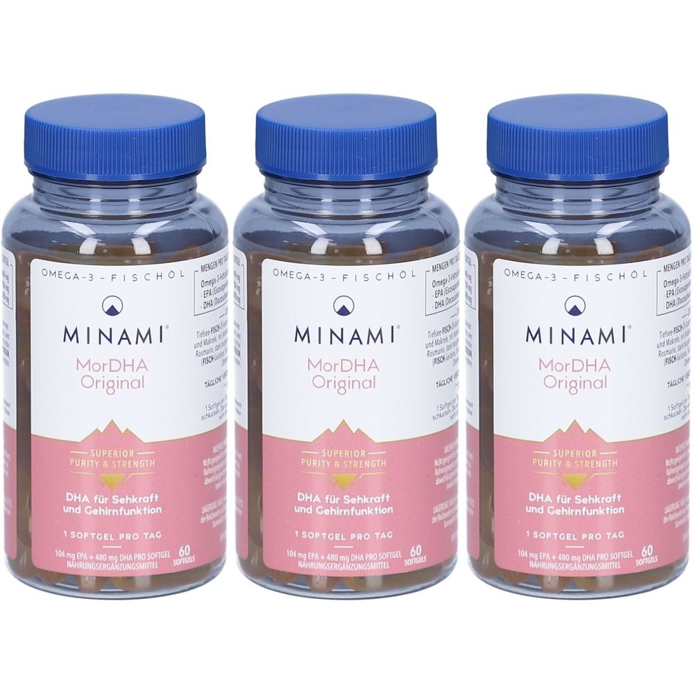 Drei Flaschen MINAMI MorDHA Original. Klare Flaschen mit blauem Deckel. Etikett mit Produktnamen und DHA-Hinweis.