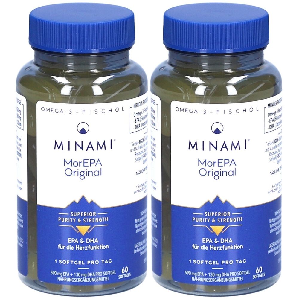 Zwei Flaschen MINAMI MorEPA Original. Blaue Deckel, transparente Behälter mit grünen Kapseln. Aufschrift: EPA & DHA für die Herzfunktion. 60 Softgels.