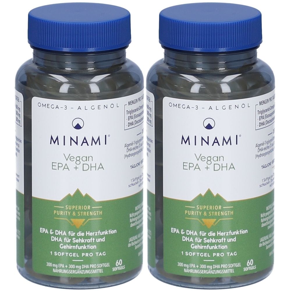 Zwei Flaschen mit Omega-3-Nahrungsergänzungsmittel. Aufschrift: MINAMI Vegan EPA + DHA. Blaue Deckel, grüne Etiketten.