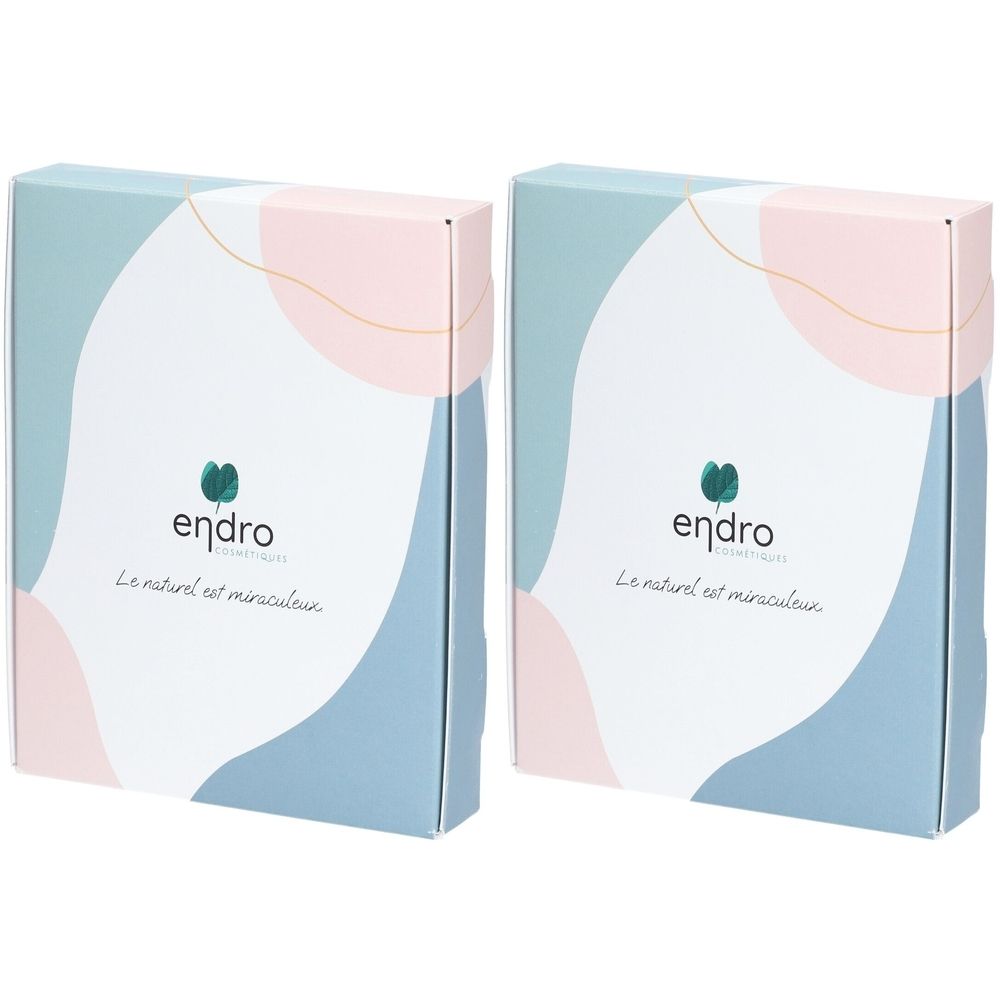 Deux boîtes rectangulaires avec des motifs pastel. Inscription "endro" et "Le naturel est miraculeux".