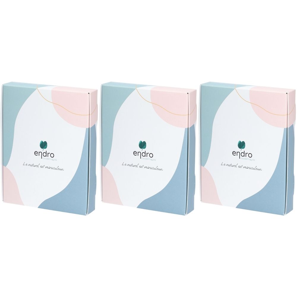 Trois boîtes rectangulaires. Chaque boîte porte le mot "endro" et un logo vert. Design aux couleurs pastel avec des éléments bleus et roses.
