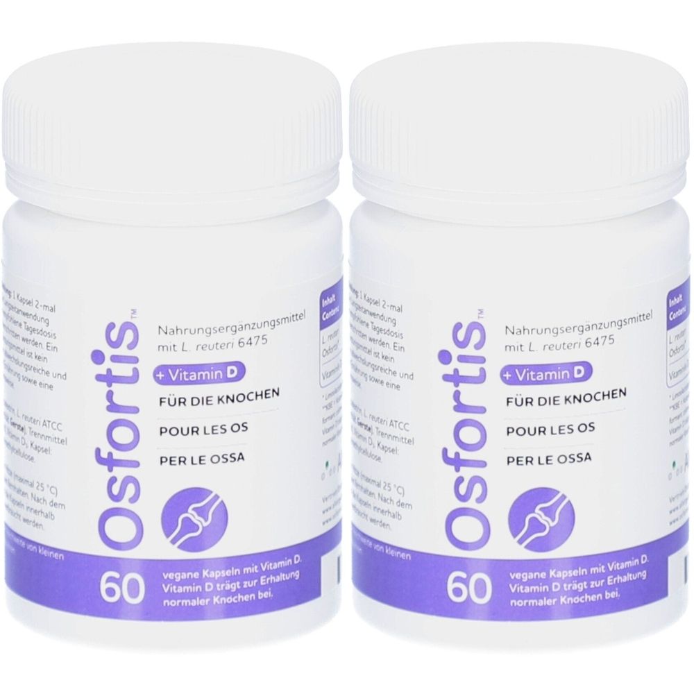 Zwei weiße Flaschen mit lila Etikett. Aufschrift: Osfortis + Vitamin D, 60 Kapseln. Für Knochen.