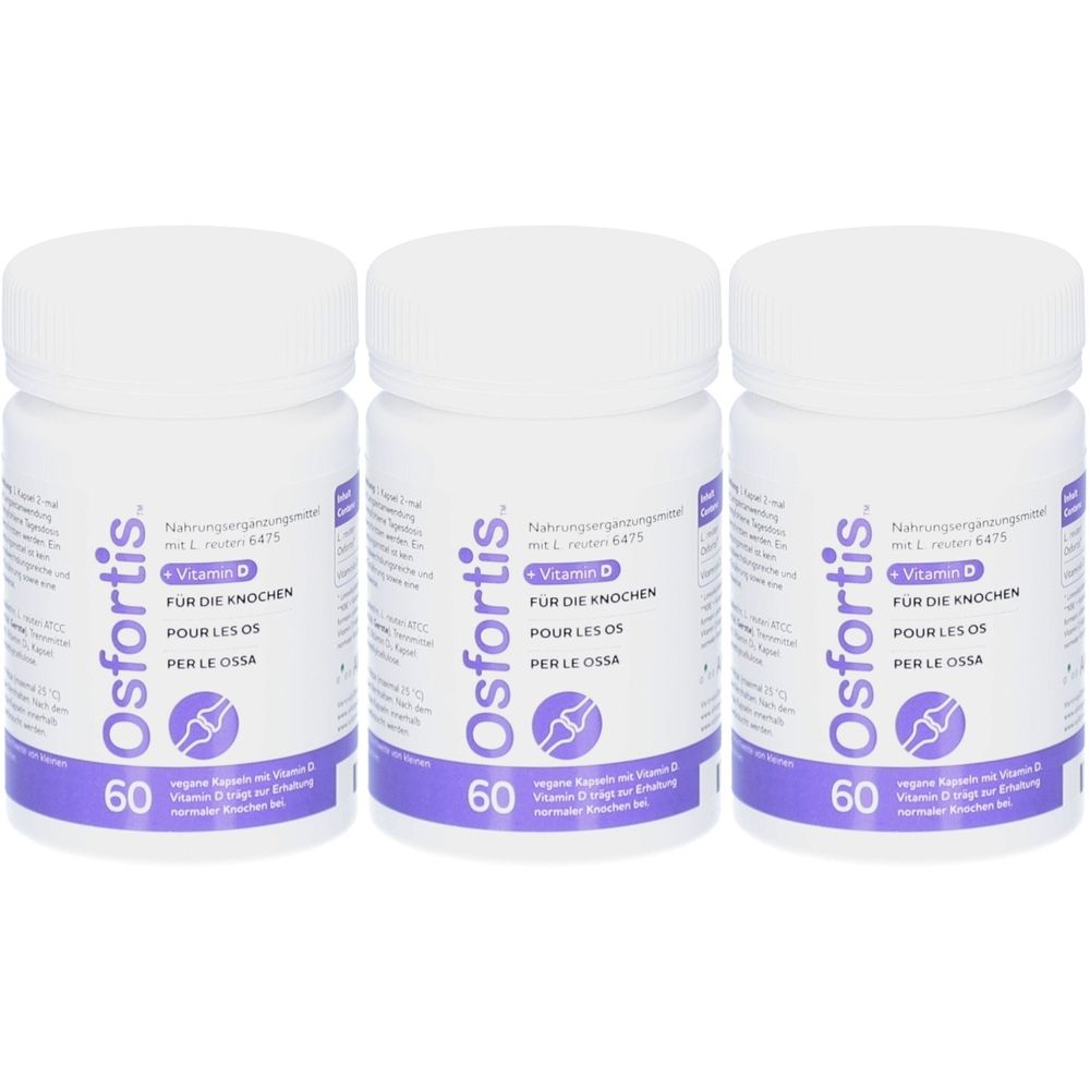 Drei weiße Flaschen mit Schraubverschluss. Aufschrift Osfortis, Vitamin D, 60 Kapseln. Text in Deutsch, Französisch und Italienisch.