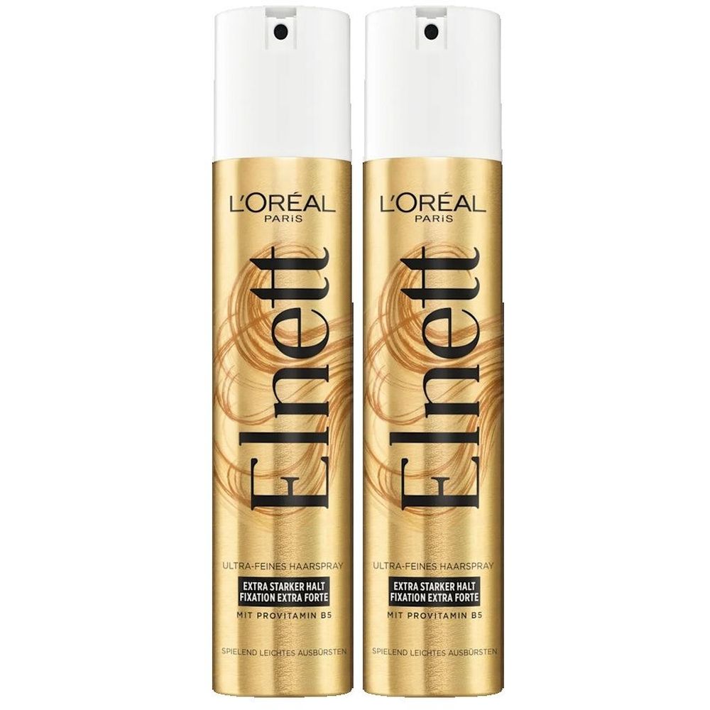 Zwei goldfarbene Haarspray-Dosen mit weißem Deckel. Aufschrift: Elnett, L'Oréal Paris, Extra Starker Halt.