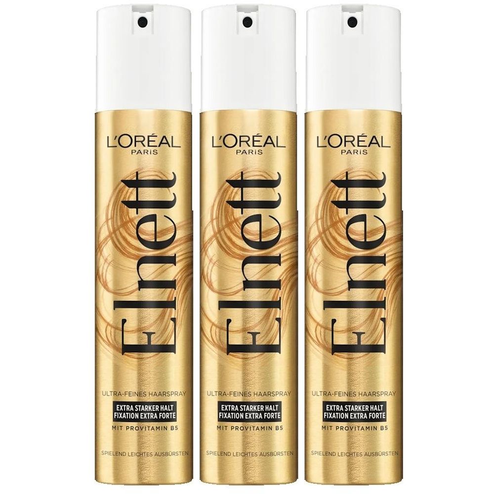 Drei goldfarbene Haarspray-Dosen von L'Oréal Paris Elnett. Jede Dose hat einen weißen Deckel und schwarze Schrift. Aufschrift: Extra Starker Halt.