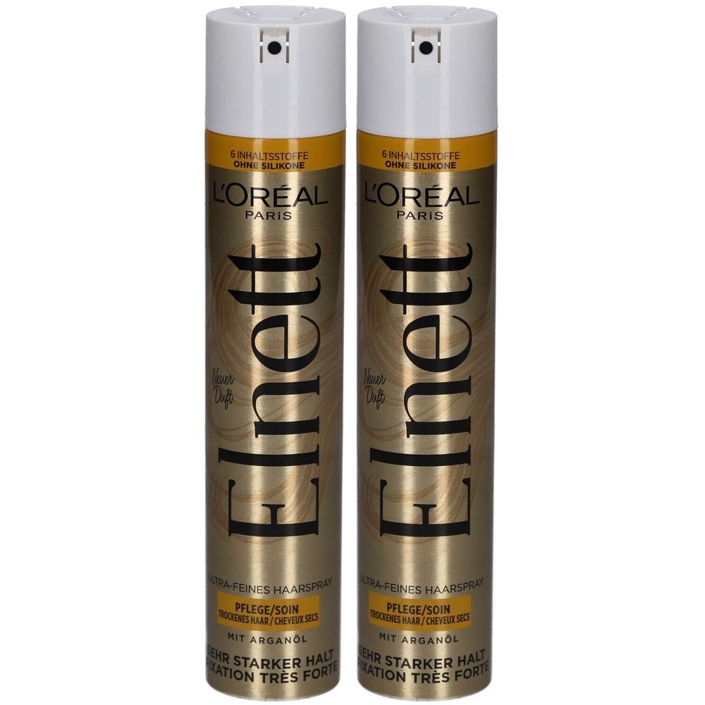 Zwei Haarsprays mit weißem Deckel und goldfarbener Schrift. Aufschrift: Elnett, L'Oréal Paris. Text: Pflege/Soin, Trockenes Haar.