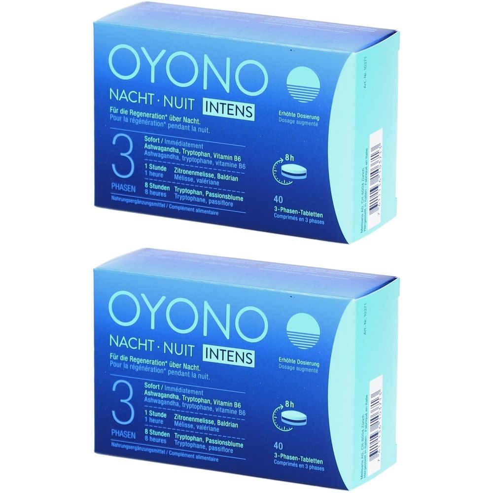 Zwei Schachteln Oyono Nacht Nuit Intens. Blaue Verpackung mit weißer Schrift. Enthält 40 Tabletten. 3 Phasen.