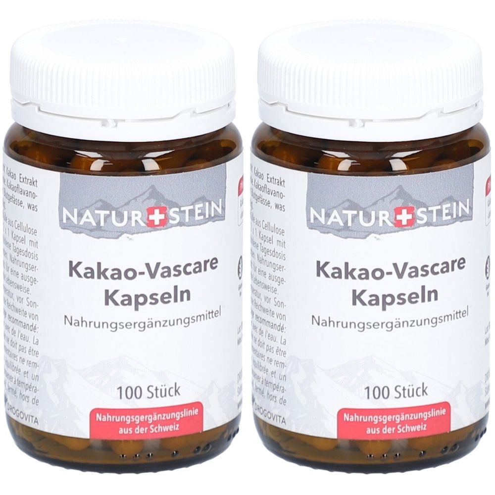 Deux flacons en verre brun avec des couvercles blancs. Les étiquettes indiquent "NATUR+STEIN Kakao-Vascare Kapseln". En dessous, "100 Stück" et "Nahrungsergänzungslinie aus der Schweiz".