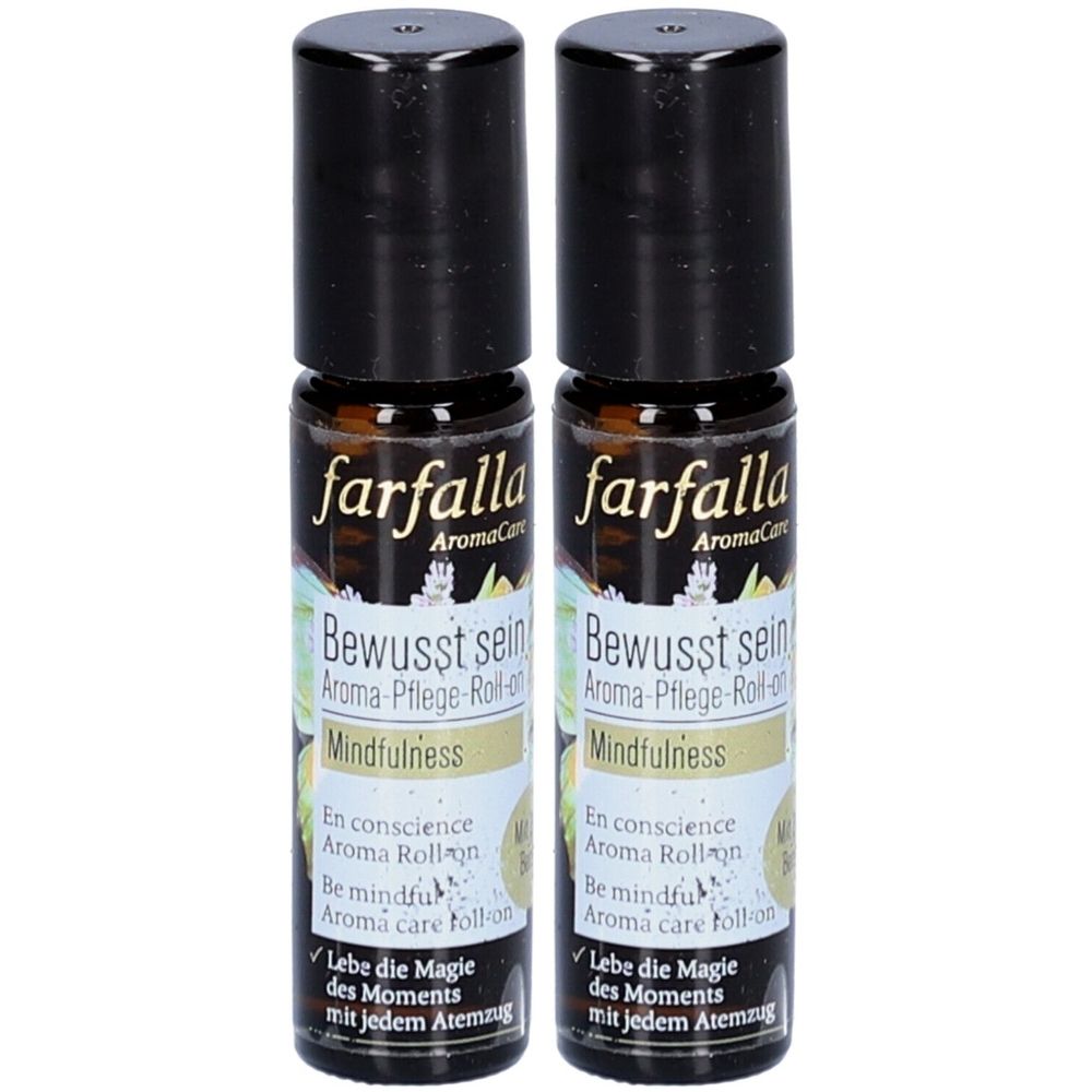 Deux flacons roll-on avec bouchons noirs. Inscription : Farfalla AromaCare, Bewusst sein, Mindfulness. Étiquette avec texte en allemand et anglais.