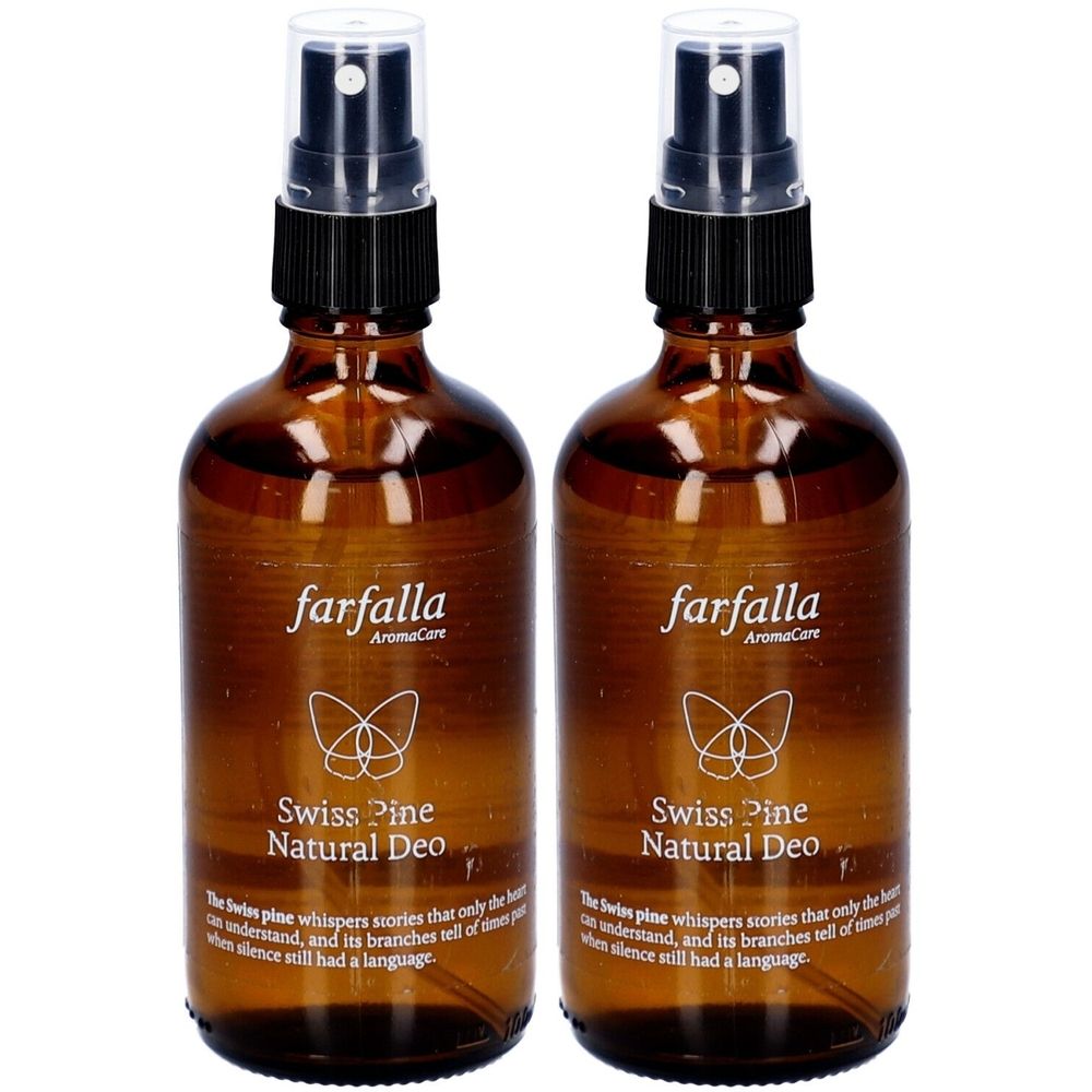 Deux flacons en verre brun avec vaporisateur. Inscription : Farfalla AromaCare, Swiss Pine Natural Deo. Texte en dessous.