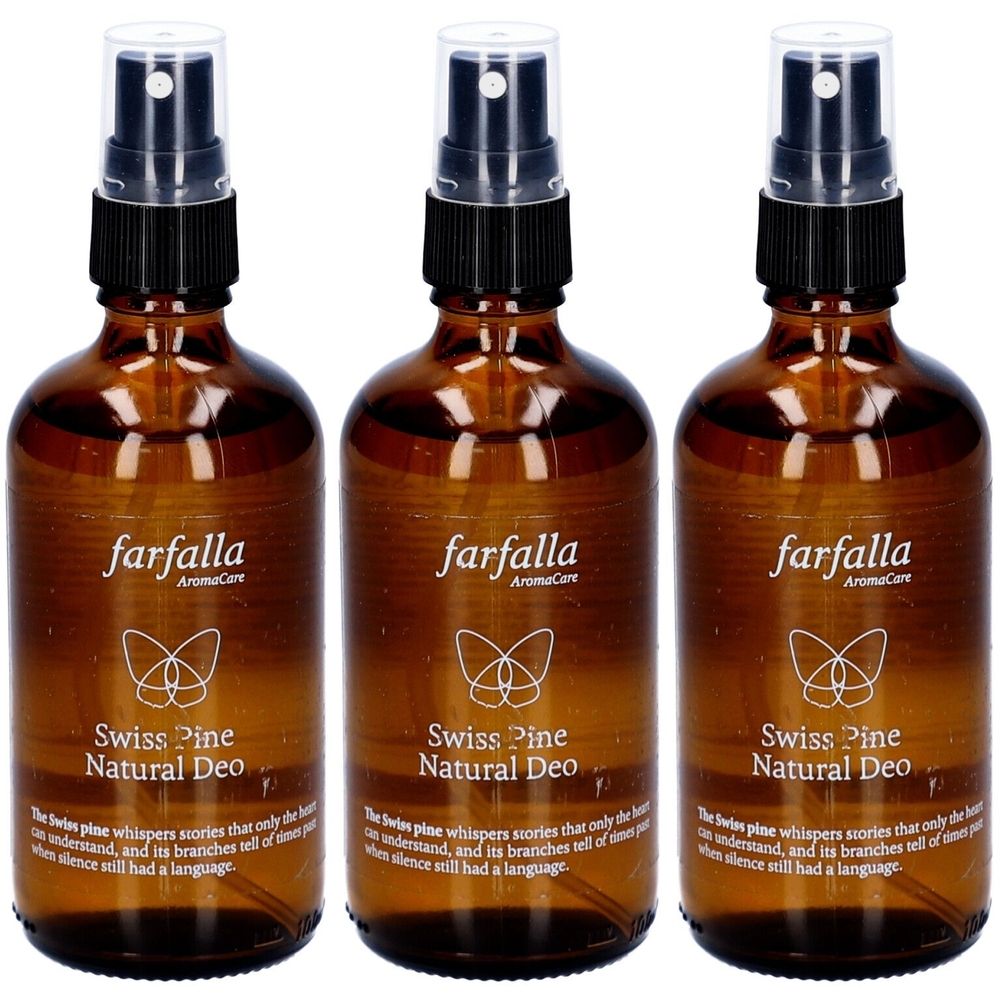 Trois flacons en verre brun avec vaporisateur. Inscription: Farfalla AromaCare, Swiss Pine Natural Deo. Texte en dessous.