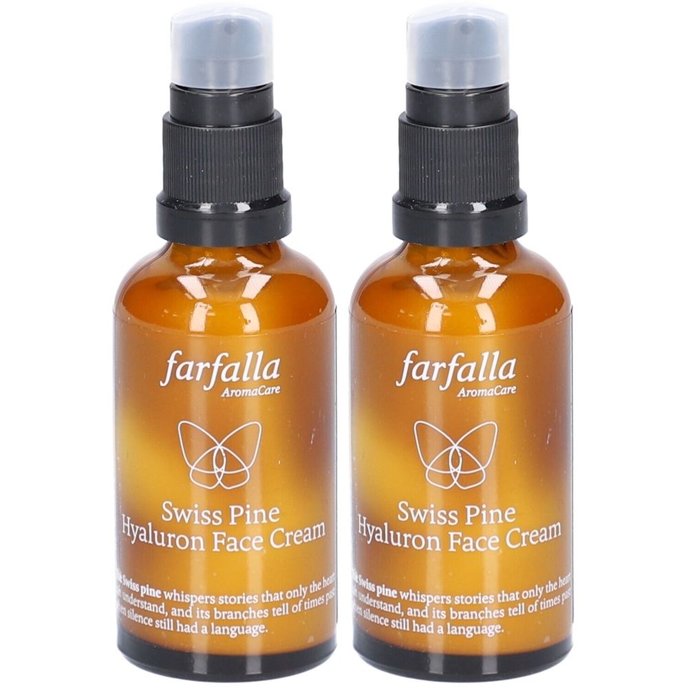 Deux flacons en verre brun avec pompe noire. Inscription : Farfalla, Swiss Pine Hyaluron Face Cream. Texte : le pin murmure des histoires.