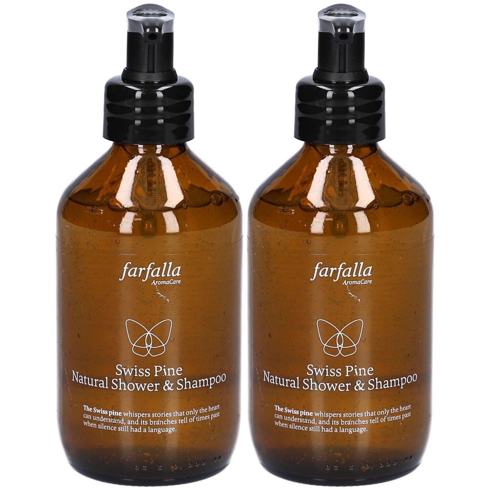 Zwei braune Flaschen mit schwarzem Pumpkopf. Aufschrift: Farfalla Swiss Pine Natural Shower & Shampoo. Weißes Logo.