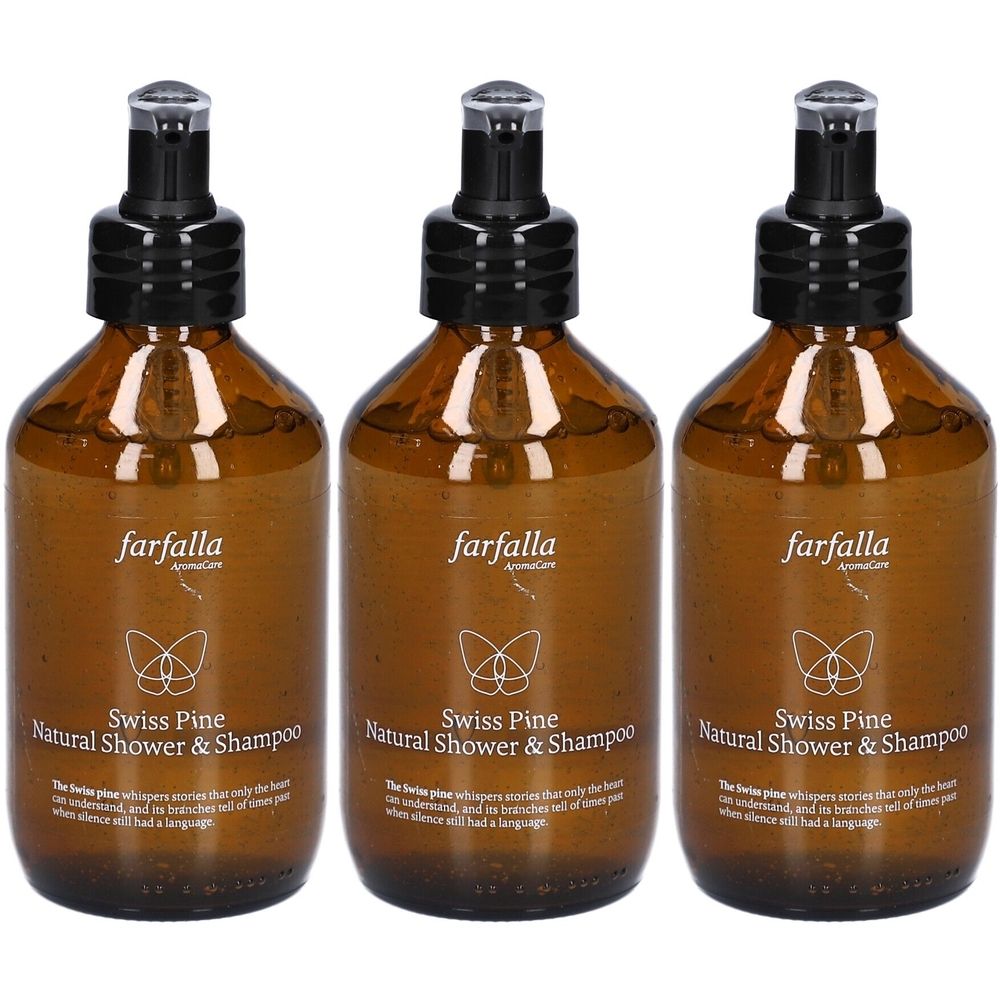 Drei braune Flaschen mit schwarzem Pumpkopf. Auf jeder Flasche steht "farfalla", "Swiss Pine Natural Shower & Shampoo".