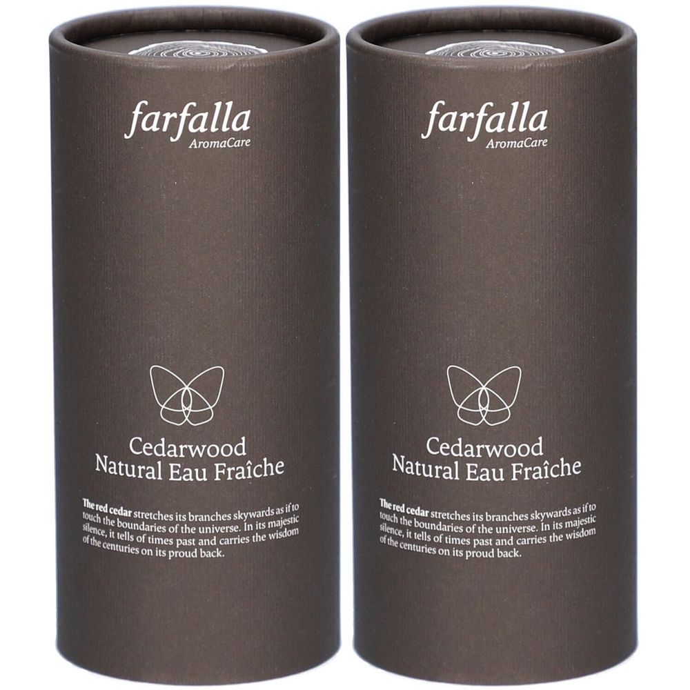Deux contenants cylindriques. Inscription : Farfalla AromaCare, Cedarwood Natural Eau Fraîche. Emballage marron, texte et logo blancs.