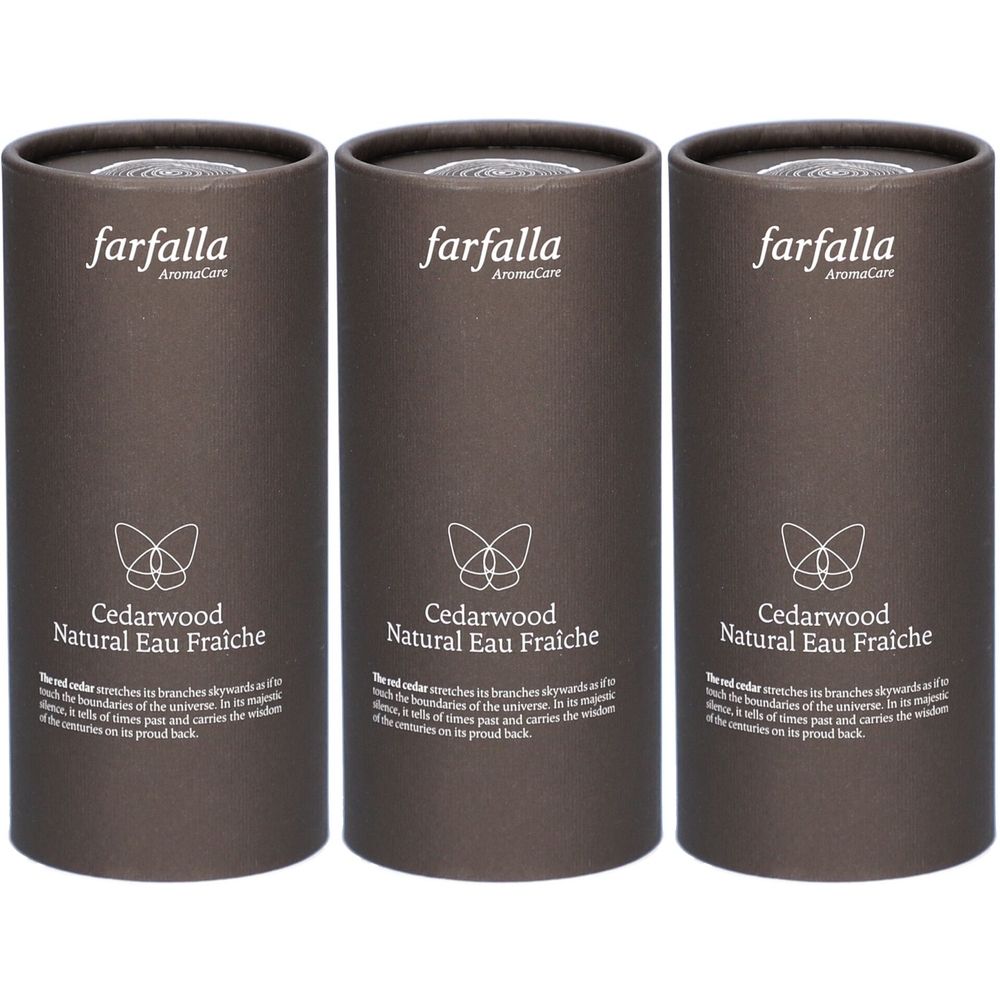 Trois emballages cylindriques. Inscription : Farfalla AromaCare, Cedarwood Natural Eau Fraiche. Emballage marron avec logo et texte blancs.