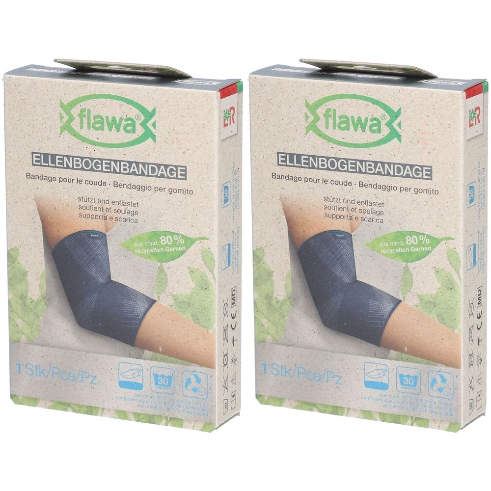 Deux boîtes de bandage pour le coude. Inscription : flawa, Ellenbogenbandage, 80% de fil recyclé. 1 pièce.