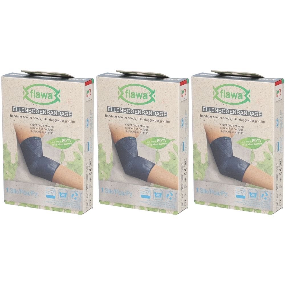 Drei flawa® Ellenbogenbandagen Größe S in Verpackung. Aufdruck: Ellenbogenbandage, Bandage pour le coude, Bandaggio per gomito.