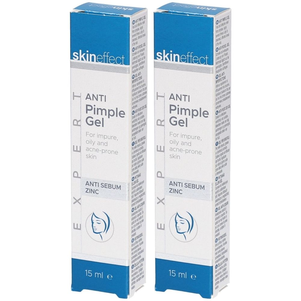 Deux boîtes de gel anti-boutons SKINEFFECT. Emballage bleu et blanc avec nom et description du produit. 15 ml.