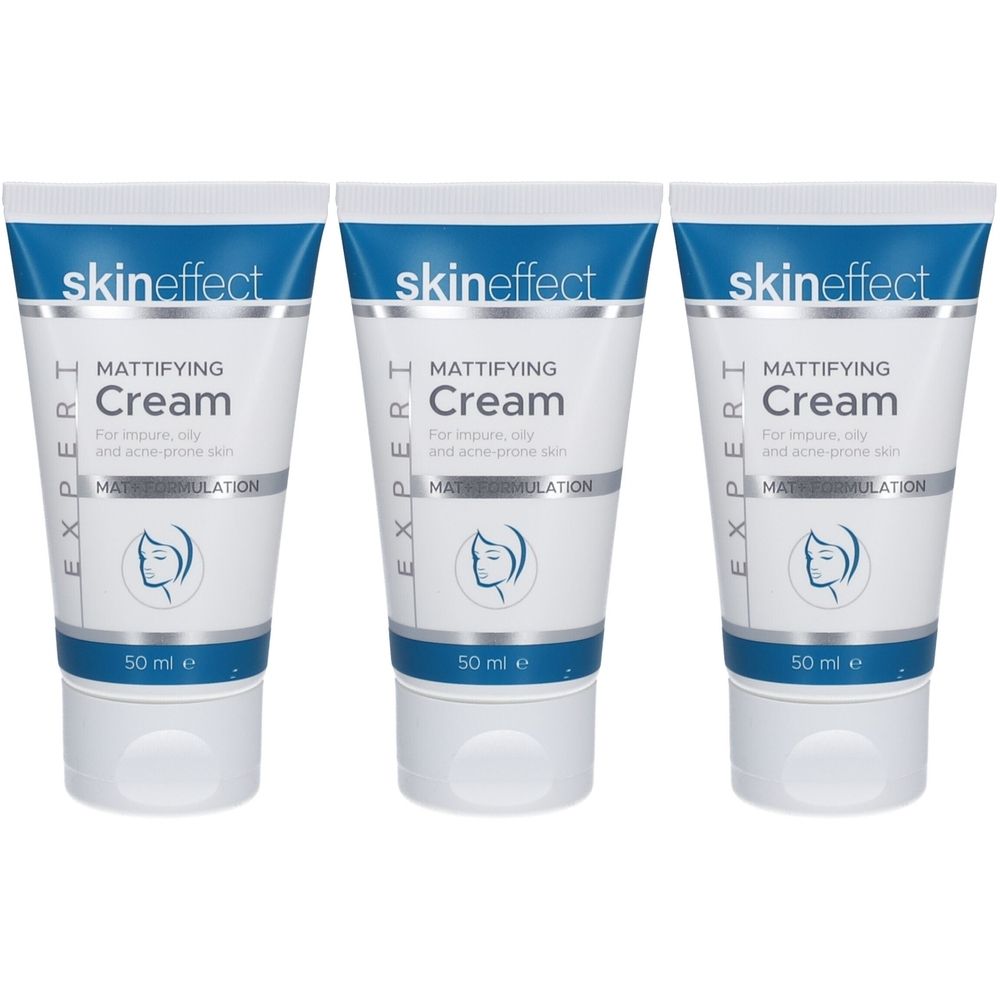Trois tubes de crème. Inscription : skin effect Mattifying Cream. Pour peaux impures, grasses et à tendance acnéique. 50 ml.
