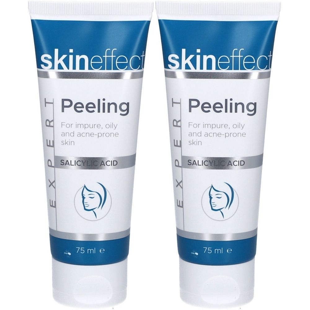 Deux tubes de peeling. Blanc, avec bouchon bleu et texte. Inscription : Skineffect, Peeling, pour peaux impures et grasses. Contient de l'acide salicylique. 75 ml.