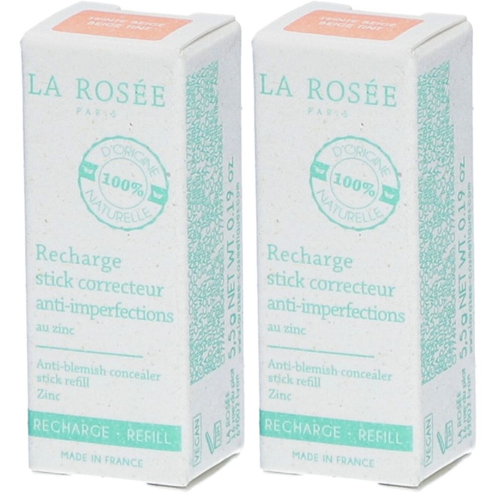 Deux boîtes rectangulaires. Inscriptions: LA ROSÉE, Recharge stick correcteur anti-imperfections, 100% naturelle. Contient du zinc.