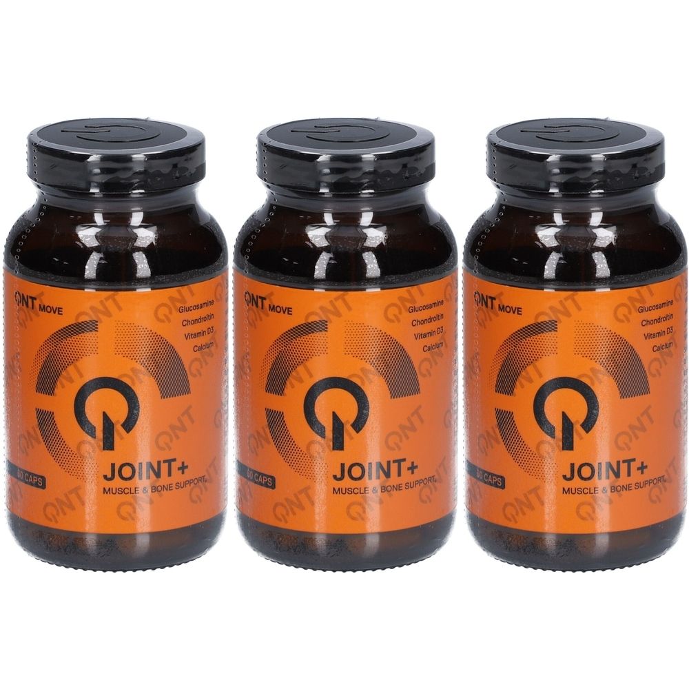 Trois flacons bruns avec des couvercles noirs. Les étiquettes indiquent "QNT JOINT+" et "MUSCLE & BONE SUPPORT".