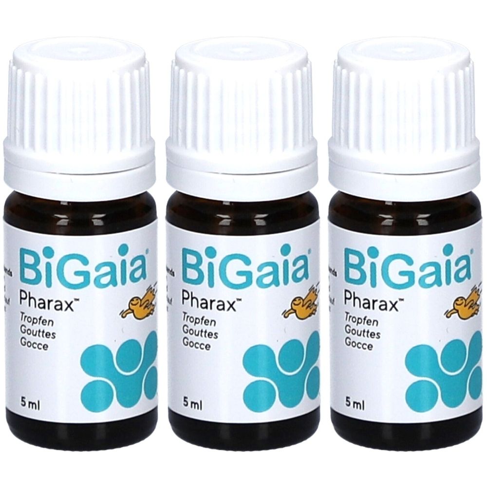 Drei braune Fläschchen mit weißen Deckeln. Auf den Etiketten steht "BiGaia Pharax Tropfen". Jedes Fläschchen enthält 5 ml.