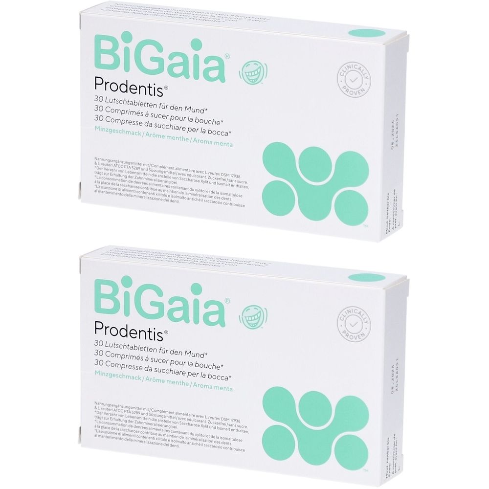Zwei weiße Schachteln mit der Aufschrift "BiGaia Prodentis". Auf jeder Schachtel steht "30 Lutschtabletten für den Mund".