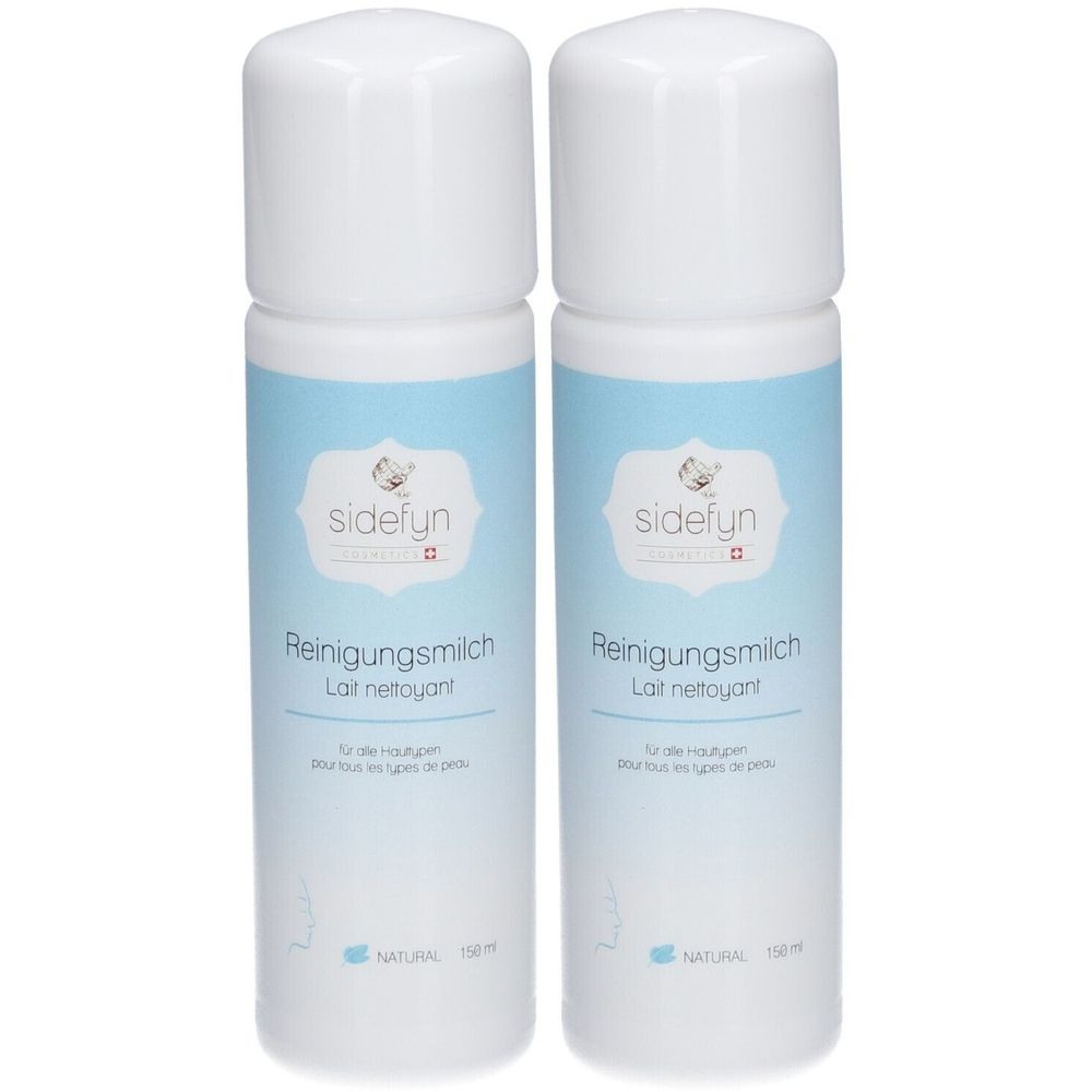 Deux flacons avec bouchons blancs. Inscription: sidefyn Reinigungsmilch. Étiquettes bleues avec informations produit.