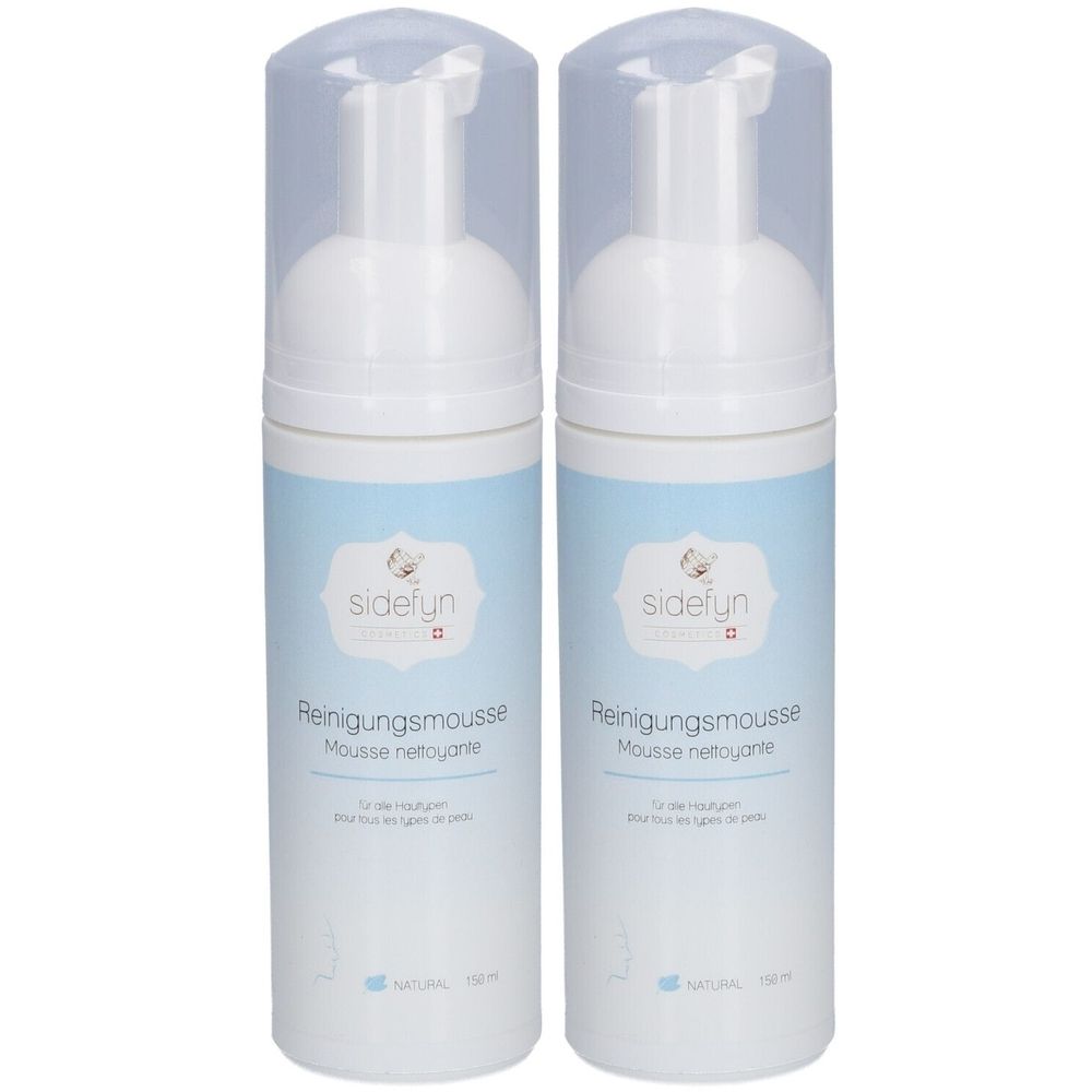 Deux flacons blancs avec étiquette bleue et couvercle transparent. L'étiquette indique "sidefyn Reinigungsschaum".