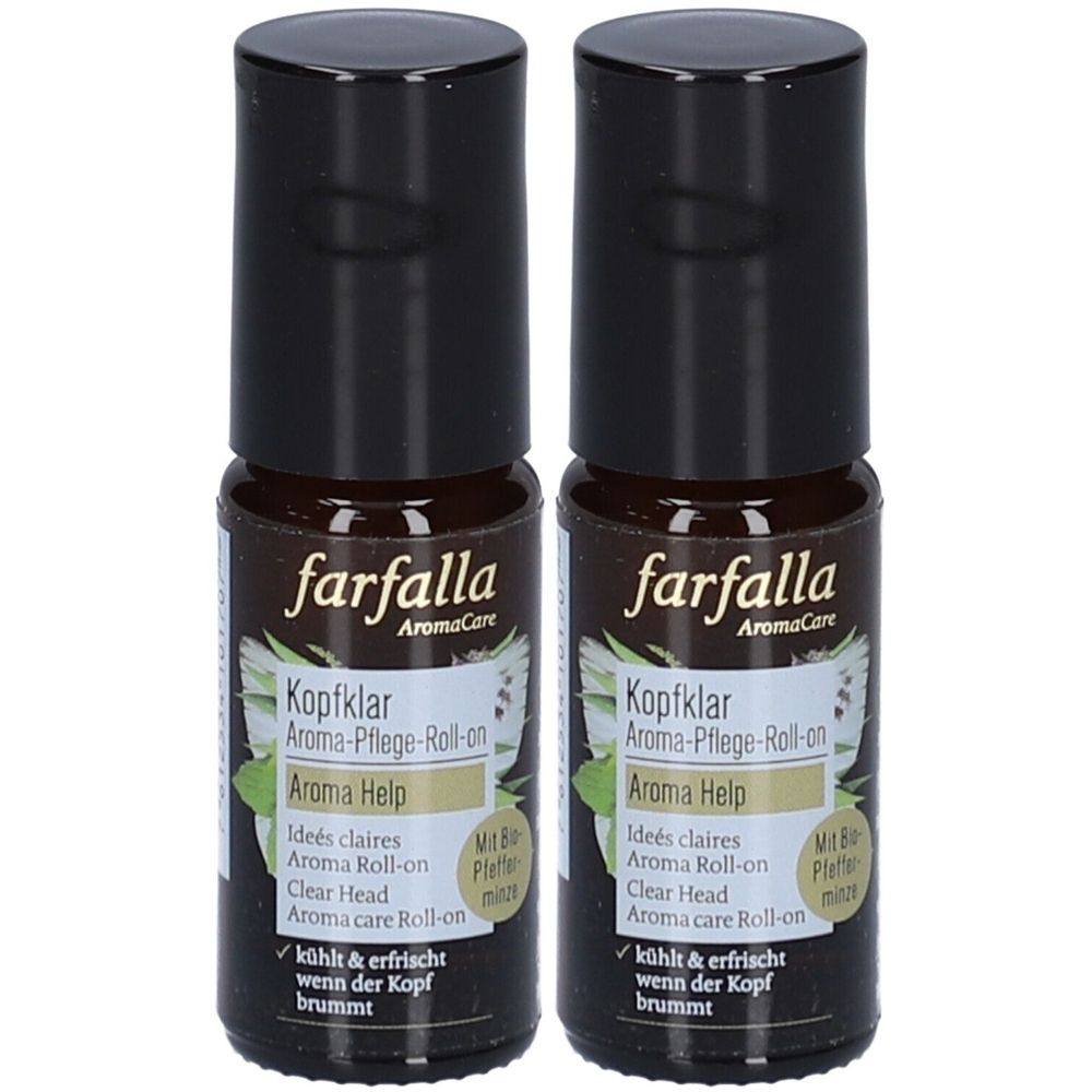 Zwei Roll-on-Flaschen. Aufschrift: farfalla AromaCare, Kopfklar Aroma-Pflege-Roll-on Aroma Help. Schwarzer Deckel, braune Flasche.