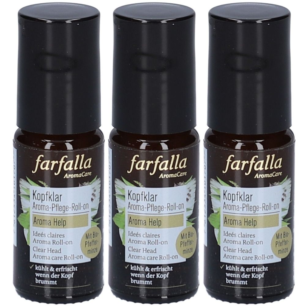 Drei Fläschchen mit schwarzem Deckel. Aufschrift: Farfalla AromaCare Kopfklar Aroma-Pflege-Roll-on Aroma Help. Text in Deutsch, Französisch und Englisch.